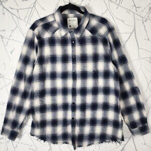 YoungLA Navy Plaid 100% Cotton Snap Closure Raw Hem Flannel Shirt